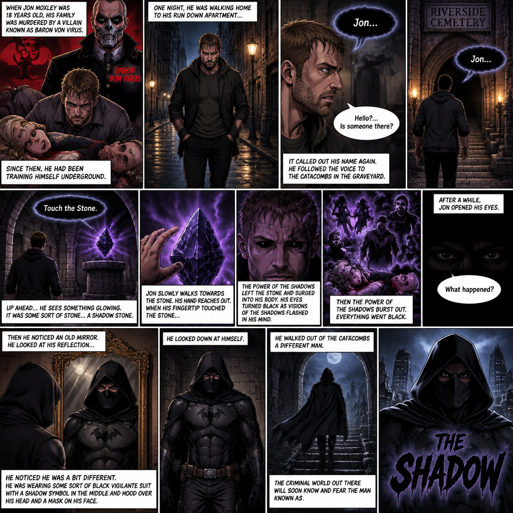 Jon Moxley as a vigilante born from tragedy. When he was 18 years old his family was murdered by a villain known as Baron Von Virus. Since then he had been training himself underground. One night he was walking home to his run down apartment…then he heard a mysterious voice call out his name. “Hello?…Is someone there?” Jon asked. It called out his name again. He followed the voice to the catacombs in the graveyard. Up ahead…He sees something glowing. It was some sort of stone…a shadow stone. Then the voice repeats “Touch the Stone”. Jon slowly walks towards the stone,His hand reaches out. When his fingertip touched the stone…the power of the shadows left the stone and surged into His body. His eyes turned black as visions of the shadows flashed in his mind. Then the power of the shadows burst out. Everything went black. After a while,Jon opened his eyes. “What happened?” Jon asked himself. Then he noticed an old mirror. He looked at his reflection…he noticed he was a bit different. He was wearing some sort of black vigilante suit with a shadow symbol in the middle and hood over his head and he was wearing a mask on his face.He looked down at himself. He walked out of the catacombs a different man. The criminal world out there will soon know and fear the man known as:The shadow
