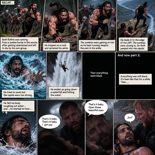 (Recap) Seth Rollins was running from a zombie horde in the woods after getting abandoned and left to die by his own group,He tripped on a rock and sprained his ankle,The zombies were gaining on him so he kept running despite the pain in his ankle,He made it to the edge of the cliff,The zombies were closing in,So Seth jumped into the rapids,He tried to swim but the rapids were too strong,He ended up going down a waterfall and hitting the water,Then everything went black. (And now part 2). Everything was still black. It’s been like that for a while,Then…..He felt his body coughing out water…and….he started to hear….A familiar voice fade in “That’s it baby,That’s it baby,I got you”. He slowly opened his eyes,The familiar voice spoke again “That’s it baby,Open those beautiful eyes”. Seth’s vision cleared….He sees….Jon Moxley..Looking down at him and holding him. “Jon?” Seth asked weakly