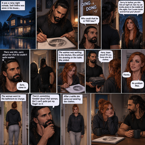 It was a rainy night outside,Seth Rollins was alone in his house,He drawing a picture of the moon on his notebook.Then the doorbell rang. “Who could that be in THIS hour?” Seth  asked himself. He got up and opened the door,A young Irish woman (Becky Lynch) was standing outside on his porch soaking wet from the rain wearing a hood. “Sorry to bother you this late at night sir,But my car broke down in the middle of the night,Can I come inside and borrow your phone?” Asked the woman.Seth looked at the woman,There was this…aura about her that he couldn’t quite explain.He decided to let her in. “Sure..come in” said Seth.The woman walked in and Seth shut the door.He walked out to his bedroom to get the woman some nice dry clothes to wear,The woman was waiting in the kitchen,She noticed the drawing on the table.She smiled.Seth came back and handed her the clothes. “Thanks” said the Woman. “No problem Miss” Said Seth.The woman went to the bathroom to change. “There’s something familiar about that woman,But I can’t quite put my finger on it” Seth said to himself.After a while she came out wearing the clothes.She sat down at the table with him