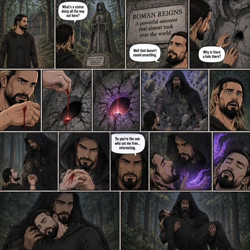 Seth Rollins was walking in the woods near his house,Then…he discovered an old statue Of a man in a cloak (Roman Reigns). “What’s a statue doing all the way out here?” Seth asked himself. He looks at the nameplate “Roman Reigns,A powerful sorcerer that almost took over the world”. “Well that doesn’t sound unsettling” Seth said to himself sarcastically. Then he noticed a hole on the statue. “Why is there a hole there?” Seth asked himself. Then….Seth somehow accidentally cut his hand. A little bit of his blood dripped into the hole,Then…..the hole started glowing,Then the statue….started to crack. Then…the statue broke apart….revealing…the sorcerer himself. Seth was shocked. The sorcerer looked down at Seth. Seth was about to scramble away…but the sorcerer grabbed His wrist before he could get away. He pulled Seth up off the ground by the wrist. He looked at the cut on Seth’s hand. Then he looked back at Seth. Then..the sorcerer spoke “so you’re the one who set me free…interesting”. Seth’s heart was pounding. The sorcerer pulled Seth toward him to get a closer look. He looked at Seth’s eyes. Then…the sorcerer used a spell to make Seth sleep. He held Seth. Then he lifted Seth in his arms