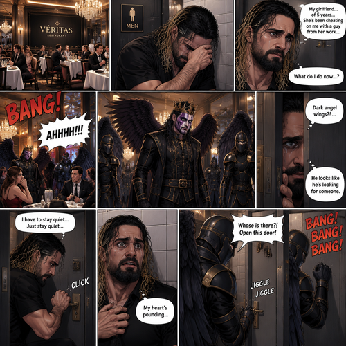 There’s a fancy restaurant,someone was crying in the men’s bathroom,That someone…was Seth Rollins. He just found out that his girlfriend of 5 years was cheating on him with a guy from her work. He’s Lost in thought about what to do. He was snapped out of his thoughts…when…he heard a loud bang followed by screams of terror outside the bathroom. “What was that?” Seth asked himself. He cracked the door open a bit to see what’s going on. There’s men in some sort of black royal guard uniform and dark angel wings bursting in…wait…Dark angel wings?!. A man in a black royal outfit with a crown on his head and dark angel wings (Jeff Hardy) was leading them,He looks like he’s…looking for someone. Seth quietly closed the bathroom door and locked it,his heart was pounding. Then…One of the men in royal guard uniform tried jiggling the bathroom door handle. Seth slowly and quietly backed away from the door. The man in the royal guard uniform banged on the door. “Whose is there?! Open this door!” The man in the royal guard uniform yelled. Seth kept quiet while the man kept banging on the door