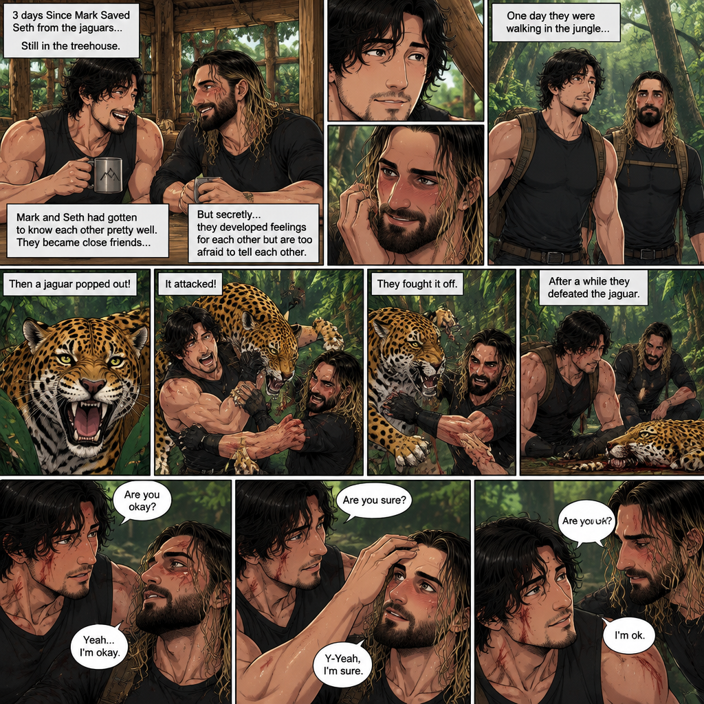 (part 3). 3 days Since Mark Saved Seth from the jaguars,Still in the treehouse,Markiplier (The Wild man) and Seth Rollins had gotten to know each other pretty well. They became close friends…But secretly…they developed feelings for each other but are too afraid to tell each other. One day They were walking in the jungle,Then a jaguar popped out,It attacked. They fought it off. After a while they defeated the jaguar. “Are you okay?” Asked Mark. “Yeah…I’m okay” Said Seth. Mark brushed Seth’s hair off his face. “Are you sure?” Asked Mark. Seth blushed a little. “Y-Yeah,I’m sure” said Seth. “Are you ok?” Asked Seth. “I’m ok” Said Mark