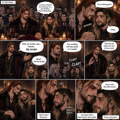 (Recap)Jon Moxley (The vampire king) and Seth Rollins (The vampire hunter…well now The bride Of Jon Moxley) arrived at the feast in the dining room,They sat down at the head of the table,Seth was nervous when the other vampires were staring at him,Jon gently held Seth’s hand and whispered that he was doing good,Seth relaxed,after an hour Jon stood up and dropped a bombshell,”With out further ado…behold…My bride!” Jon said while gesturing to Seth,Seth was shocked. (And now part 5). Seth couldn’t believe it. “What?…I’M the bride?” Seth said in his mind. “The wedding will take place in 2 weeks!” Jon announced. The vampires clapped. Seth just sat there stunned. “That’ll be all,Enjoy the rest of your meal” Jon said and then sat down. He looked at Seth who was still stunned,Then he gently Pulled him to his side,Then he gently kissed his forehead. Seth’s heart fluttered. Jon heard Seth’s heart flutter and smiled. “You’re cute,My little hunter” Jon whispered to Seth (To be continued)