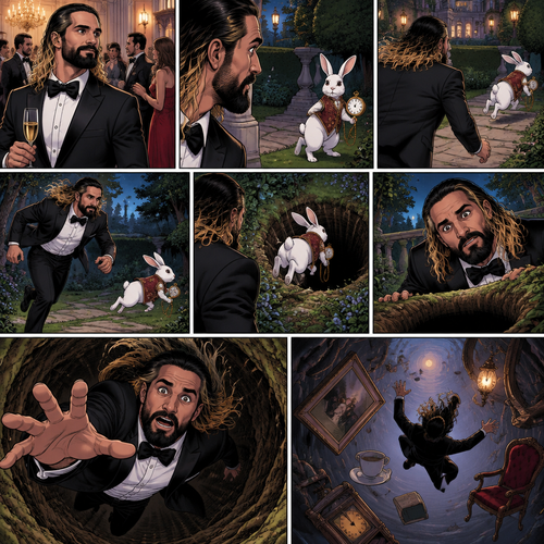 Seth Rollins was at a fancy party,Then he sees a white rabbit outside.It’s wearing a fancy vest and holding a pocket watch and it’s looking at him.Then it starts hopping away and Seth followed it.The rabbit kept hopping and Seth kept following,Until the rabbit jumped down the rabbit hole.Seth looked in the hole…Then he leaned in to far and started falling down the hole