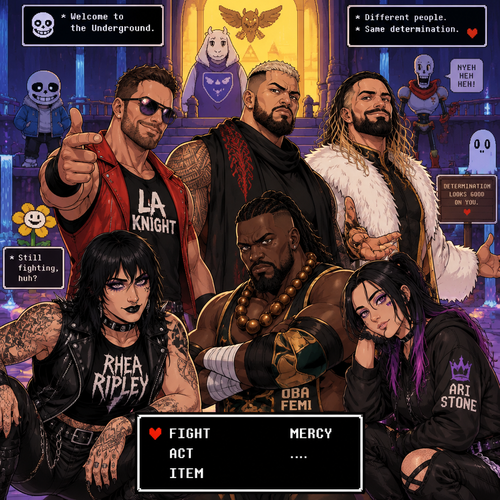 LA Knight,Solo Sikoa,Seth Rollins,Oba Femi,Rhea Ripley and Ari Stone (My wrestler oc) in undertale