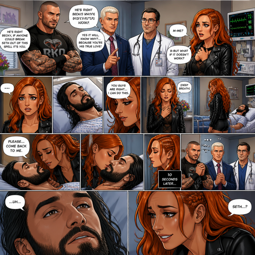 Part 3 of the Enchanted apple story.Seth Rollins is still unconscious at the hospital.Randy Orton,Cody Rhodes and the doctor were looking at Becky Lynch after Cody got the idea that true love’s kiss could break the spell. “m-me?” Asked Becky.Randy,Cody and the doctor nodded in response. “B-But what if it doesn’t work?” Asked Becky. “Yes it will,Know why?…Because you’re his true love!” Said Cody. “He’s right Becky,If anyone could Break Seth out of this spell it’s you” Said Randy.She looks at Seth’s sleeping face.She nodded to her self. “You guys are right…I can do this” said Becky.She took a deep breath,Walked to Seth and leaned forward to him. “Please…come back to me” Becky said quietly,Then…she gently kissed him.After 10 seconds she stopped.They waited…Then…Seth slowly opened his eyes.The first face he saw was Becky’s.