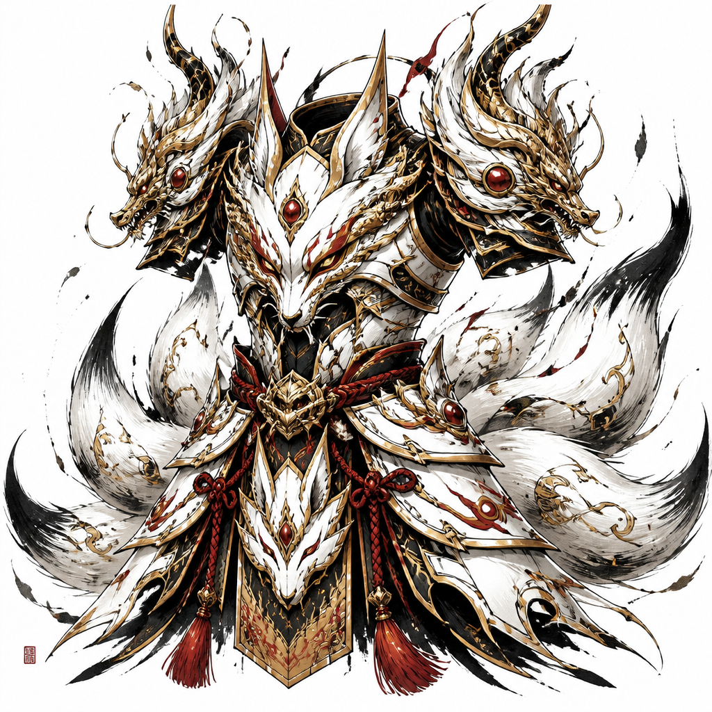 Fuse Oni, loung dragon,9 tail fox into a 9 tail fox style chest and waist armor that has all the best appearance from Fuse Oni, loung dragon,9 tail fox. Only show final product. Colors white,gold,red,black.details 10%