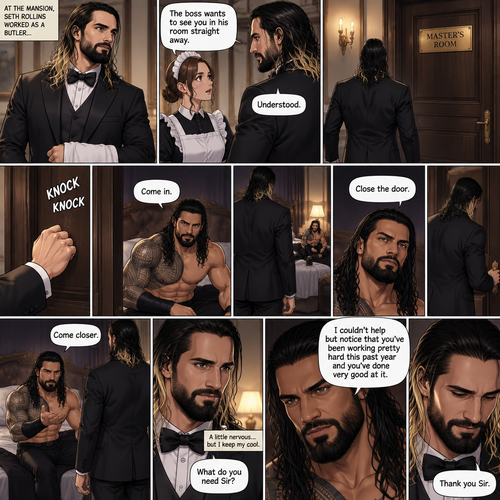 Seth Rollins was working as a butler at a mansion,Then one of the maids walked up to him. “The boss wants to see you in his room straight away” Said the maid.Seth nods in response,He walks to the boss’s Room.He knocks on the door. “Come in” said the boss. Seth opened the door and walked inside.The boss (Roman Reigns was sitting on the bed). “Close the door” Roman said.Seth closed the door.Roman motioned for Seth to come closer,Seth does what Roman asked.Seth got a little nervous but he kept his cool. “What do you need Sir?” Asked Seth. “I couldn’t help but notice that you’ve been working pretty hard this past year and you’ve done very good at it” Said Roman “Thank you Sir” Said Seth