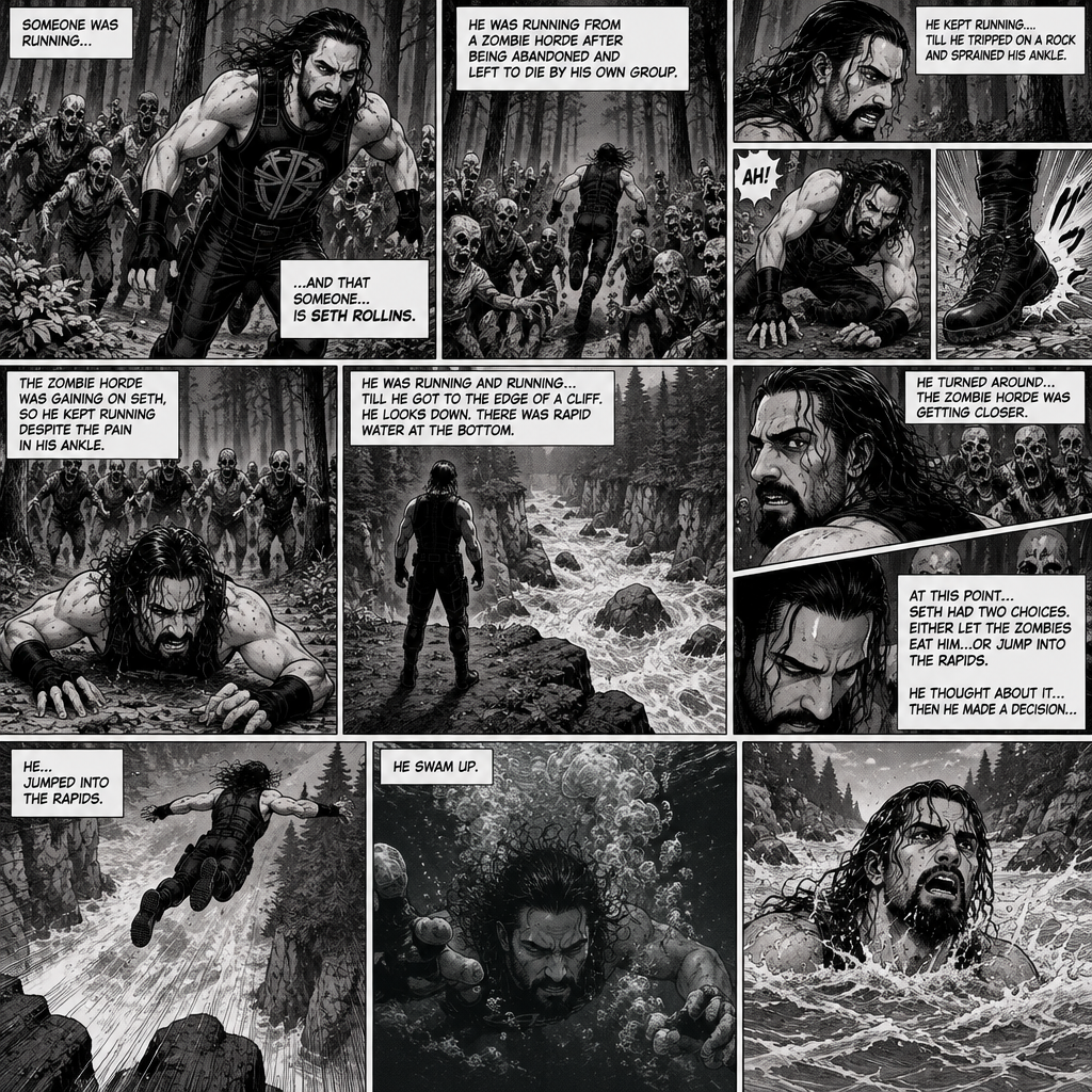 We’re in the woods during a zombie apocalypse,Someone was running…and that someone…is Seth Rollins. He was running from a zombie horde after being abandoned and left to die by his own group. He kept running….Till he tripped on a rock and sprained his ankle. The zombie horde was gaining on Seth,So he kept running despite the pain in his ankle. He was running and running….till he got to the edge of a cliff. He looks down,There was rapid water at the bottom. He turned around…the Zombie horde was getting closer. At this point…Seth had two choices,Either let the zombies eat him..or jump into the rapids. He thought about it….then he made a decision…he…Jumped into the rapids. He swam up