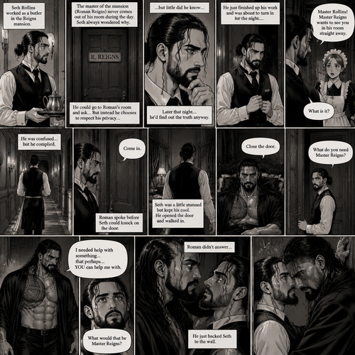 Seth Rollins was working as a butler,The master of the mansion (Roman Reigns) never comes out of his room during the day.Seth always wondered why,He could go to Roman’s room and ask…But instead he chooses to respect his privacy….but little did he know…Later that night…he’d find out the truth anyway.He just finished up his work and was about to turn in for the night…Buy one of the maids called his name. “What is it?” Asked Seth. “Master Reigns wants to see you in his room straight away” Said the maid.He was confused…but he complied.He walks up to his room.Roman spoke before Seth could knock on the door, “Come in”.Seth was a little stunned but kept his cool,He opened the door and walked in.”Close the door” Roman commanded. Seth closed the door. “What do you need Master Reigns?” Seth asked.Roman slowly got up and slowly walked towards Seth. “I needed help with something…that perhaps….YOU can help me with” Said Roman as he kept slowly walking towards Seth. “What would that be Master Reigns?” Seth asked nervously.Roman didn’t answer,He just backed Seth to the wall