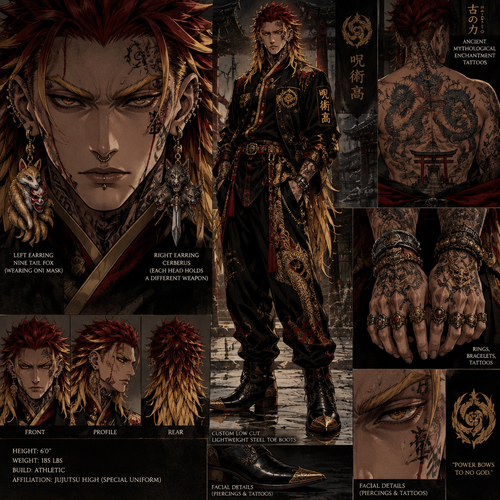appearance 6 foot tall, 185 pounds long spiked hair with crimson red tag the top and about half way down it turns a vicious gold, eyebrows are gold just the same as the tips of hair. Eyes. Nose is just a Generic bottom lip Is a little bit  bigger than the top lip. Jawline is sharp clean imposing. Ears are pierced with dangling earrings the left earring is a 9 tail fox wearing a oni mask the right earring is Cerberus each head holding a different weapon in each mouth wears a special made jujitsu high uniform that is gold black and red his shoes are low cut light weight pointed steel toe boots. Ancient  Mythological enchantment tattoos  all over his body some on his face and hands . has all types of rings on his hands, bracelets going up to half of his forearms, has nose and lip piercings