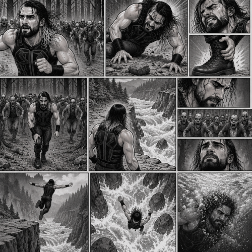 We’re in the woods during a zombie apocalypse,Someone was running…and that someone…is Seth Rollins. He was running from a zombie horde after being abandoned and left to die by his own group. He kept running….Till he tripped on a rock and sprained his ankle. The zombie horde was gaining on Seth,So he kept running despite the pain in his ankle. He was running and running….till he got to the edge of a cliff. He looks down,There was rapid water at the bottom. He turned around…the Zombie horde was getting closer. At this point…Seth had two choices,Either let the zombies eat him..or jump into the rapids. He thought about it….then he made a decision…he…Jumped into the rapids