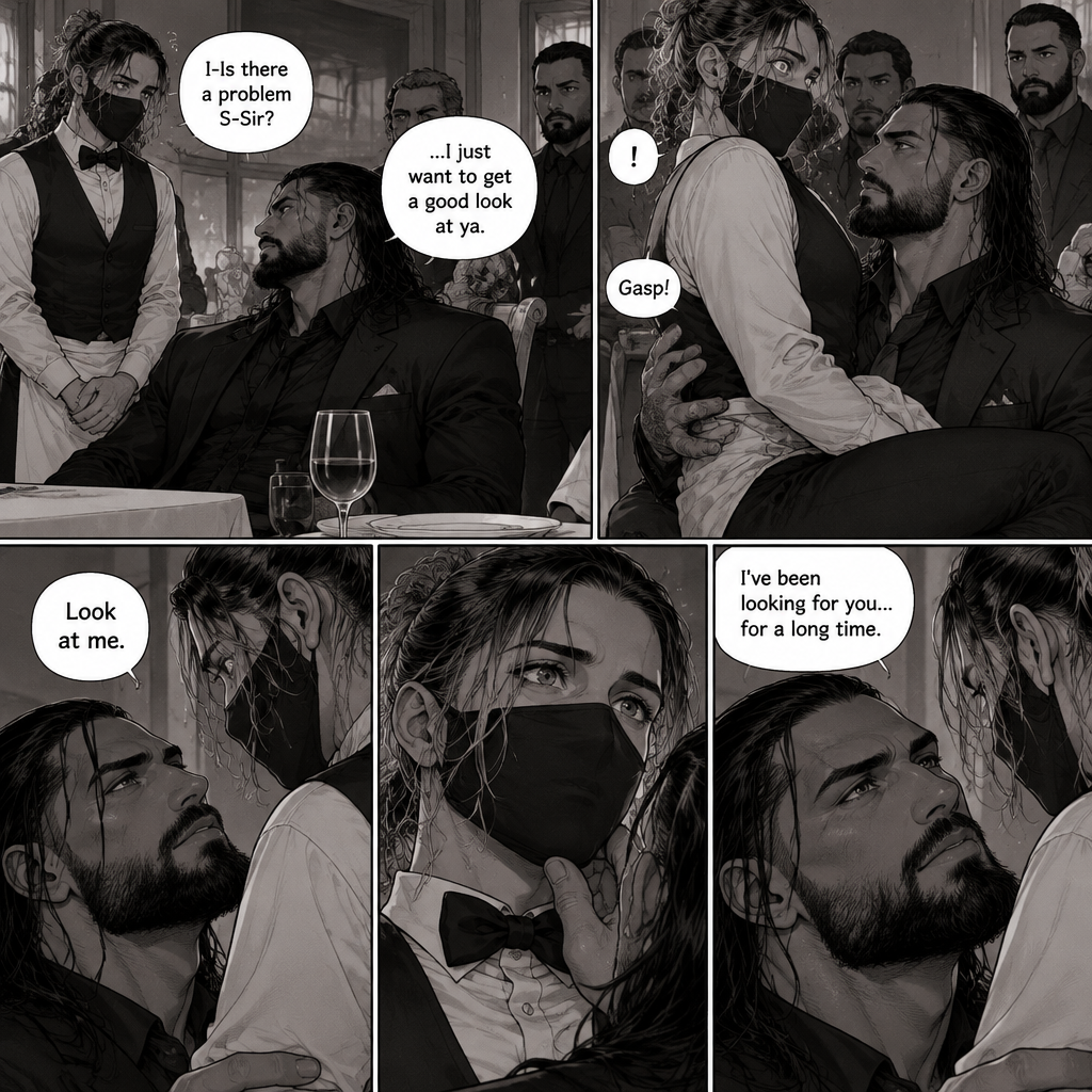 (Recap) Seth Rollins is a waiter at a restaurant,He’s wearing a mask that covers his face because all his life he’s been told he was ugly,He believed it,He’s also too afraid to look at mirrors,One night he was working as usual,then a group of men walked in amongst them was Roman Reigns (Feared mafia Boss) and took a seat,One of the waitresses told Seth that Roman asked to see him personally,Seth was nervous. (And now part 2). Seth nervously walked over to Roman’s table. “I-Is there a problem S-Sir?” Seth asked nervously. “…I just want to get a good look at ya” said Roman. Seth’s eyes Widened. Roman wrapped his arm around Seth’s waist and pulled him onto his lap. Seth gasped. “Look at me” Roman commanded. Seth looked at him. “I’ve been looking for you…for a long time” Said Roman