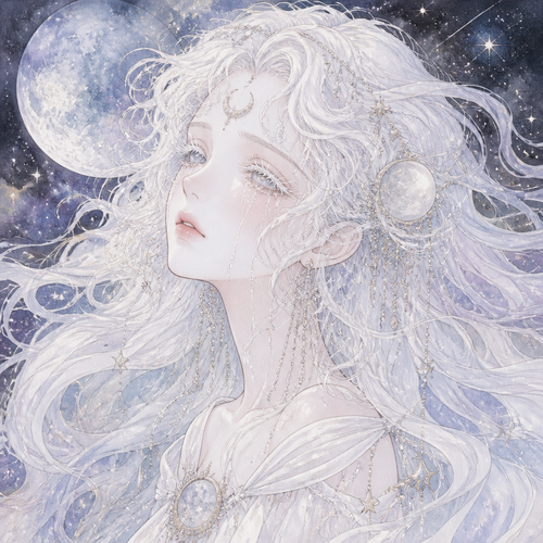 A moon goddess. With long white curly hair. Long white lashes. Which a space background. As tears stream down her cheeks. Her hair blowing and flowing in space. 