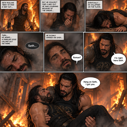 Seth Rollins is in a burning building,He tries to find a way out,he couldn’t find a way out. He was coughing because of the smoke,Eventually….he collapsed on the floor. Then….He heard….a familiar voice calling out his name. He slowly opened his eyes…it was Roman Reigns. Seth weakly called out Roman’s name. Roman rushed over to Seth. “I’m right here Seth” said Roman. He lifted Seth in his arms. “Hang on Seth,I got you” Roman said to Seth