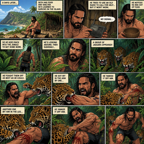 (Recap) Seth Rollins was on a cruise,then one night Thunder came,Seth got up from bed,The ship was rocking against the waves,Seth fell overboard,He swam as best he could,A wave crashed down on him,Everything went black,A few hours later,Seth woke up on shore,He was on an island,He has to figure out how to survive on the island. (And now part 2). It’s been 8 days since he ended up on the island. He has food and shelter. He tried to use an old radio to call for help but it wouldn’t work. He noticed he ran out of food,So he went back into the jungle to get some more. He was looking around,Then suddenly….A group of jaguars appeared! He fought them off as best he could. He got bit in the arm by one,He yanked it off him. Another one bit him in the leg,He yanked it off him
