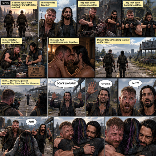 (Part 6). Still in the zombie apocalypse. “it’s been a year since Jon Moxley and Seth Rollins reunited. They travelled together,They took down zombies together,They took down bandits together,They collected supplies together,They also had romantic moments together. One day they were walking together on the road…Then…..they see a person approaching them from the distance. They raise their weapons at the person just to make sure that the person wasn’t a threat. The person raised his hands and shouted “DON’T SHOOT!!!”. They recognized that voice…It was Jeff Hardy. They were shocked. Jeff waved at them and said “Hey guys”. Jon and Seth lowered their weapons and ran towards him. They hugged him