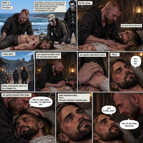 Part 4 of the apocalypse story.Seth Rollins was found unconscious and badly injured on a beach by Jon Moxley,Darby Allin and Steven Borden (Sting’s son).They took him to their camp and bandaged his wounds.Jon never left his side once.3 days later,Seth was still unconscious,Darby and Steven were out on a supply run,Jon stayed by Seth’s side for the past three days.Jon gently held Seth’s hand,Then…Seth Spoke Jon’s name subconsciously “Jon…Jon…Jon”.Jon gently stroked Seth’s head. “Shh It’s okay Seth,It’s okay,I’m right here,shh” Jon whispered.Seth breathed softly,Then….His eyes started to slowly open,The first thing he sees is Jon looking down at him. Seth spoke weakly “Jon?,Is that…you?”. “Yes..It’s me Seth,You’re ok” Jon said softly