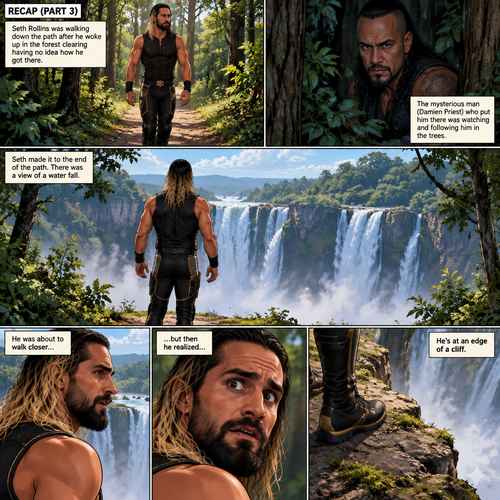 (Recap).Seth Rollins was walking down the path after he woke up In the forest clearing having no idea how he got there.The mysterious man (Damien Priest) who put him there was watching and following him in the trees.(And now part 3). Seth made it to the end of the path,there was a view of the a water fall.He was about to walk closer…but then he realized he’s at an edge of a cliff