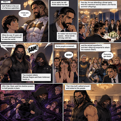 (Part 1 of an Ambrolleigns story) Seth Rollins is the son of a famous superhero. When he was 15 years old his sad sacrificed himself to save the world,the last this his dad said to him was “I love you son”. As an adult he still thinks about his dad. One day He was attending a dinner party with his coworkers and his father’s old friends and their offsprings,Then suddenly….Two masked villains (Roman Reigns and Dean Ambrose) bursts in. Some people screamed and the retired superhero’s and their offspring prepared to attack the masked villains. Then Dean used his shadow powers to hold people In place. After that they both walked around and Looked at the people