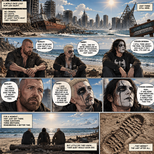 It’s a post apocalyptic world,There was no one walking down on the land….well….except for three AEW wrestlers! Jon Moxley,Darby Allin and Steven Borden (Sting’s son).They worked together side by side in this post apocalyptic world.They thought they were the last wrestlers alive….but little did they know…that on this day….they would be proven wrong.It was a sunny afternoon,Jon,Darby and Steven were just sitting near a beach talking and reminiscing about the time before this world became barren