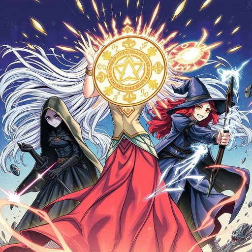 The immortal woman raises her hands, a shimmering shield appearing around the trio, deflecting the witches' spells. Miya nocks an arrow, aiming at the witches.
