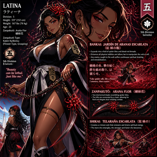 Soul Reaper
LATINA
ラティーナ
Division: 5
Height: 5'0" (152 cm)
Weight: 167 Ibs (76 kg)
Age: 23
Zanpakutõ: Araña Flor
蝴蛛花
Zanpakut Type: Katen Kyôkotsu
(Flower-Type, Grasping)
五
5th Division
Seireitei
"Beauty
can be lethal.
Just like me."
BANKAI: JARDİN DE ARANAS ESCARLATA
（紅 妹の脂）
• Expands into a field of spider lilies and blood-red threads.
• Enhances all physical abilities and allows her to manipulate the web at will.
• Any enemy caught in the web suffers continuous spiritual draining and immobilization.
蜘蛛の糸、華の如く、
酢を絡め取り、は
彼らせ。
"Like spider silk, like a flower-I ensnare, then scatter.
ZANPAKUTO： ARANA FLOR （蜘妹花）
• Two intertwined blades resembling spider lilies.
• The hilts are connected by a chain, allowing for fluid and elegant dual-wielding combat.
SHIKAI: TELARAÑA ESCARLATA
（狂 妹の ）
18
• Creates a crimson web that ensnares and drains spiritual energy.
• The more she entangles, the stronger and faster she becomes.
