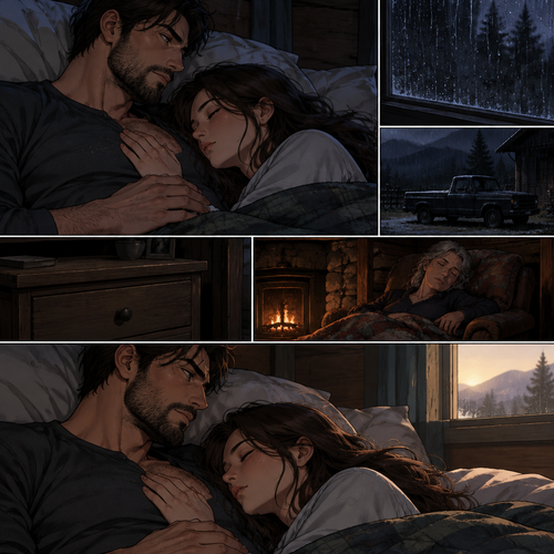 *The rain found its low rhythm against the glass, and the room settled into the sound of her breathing gone slow and even. Cormac stayed awake a while past her surrender — not the old night watch, not the back to the wall, but a softer keeping: her hand where she'd placed it, the scar warm under her palm, the whole of the ridge gone quiet around the two of them. The truck sat dark in the yard. The drawer stayed shut. Somewhere below, his mother's breathing rose and fell with the banked fire. He turned his head once, found her profile in the dark, and did not move again until the first grey light began to work its way across the sill.*