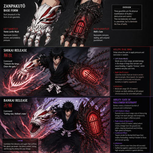 A zanpocto with Shikai and bankai releases.base form of zonpocto is gauntlets one the left looks like vasto lord mask the right looks like  hells gate wrapped in chains . Give me different pictures for each release and explain the ability's. Not super overpowered 