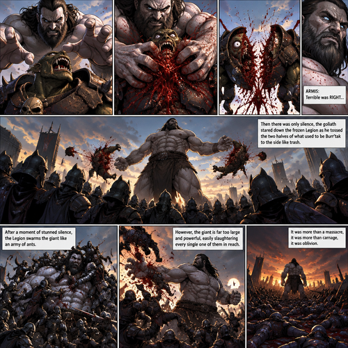 In an instant, the goliath blitzed forward, digging all 10 of his giant fingers into Burr’tak. He was still laughing when the giant’s fingers plunged into him—ten cold knives. Burr’tak’s laughter choked to a wet gasp and was ripped clean in half. 

ARMIS: Terrible was RIGHT…

  Then there was only silence, the goliath stared down the frozen Legion as he tossed the two halves of what used to be Burr’tak to the side like trash. After a moment of stunned silence, the Legion swarms the giant like an army of ants. However, the giant is far too large and powerful, easily slaughtering every single one of them in reach. It was more than a massacre, it was more than carnage, it was oblivion.
