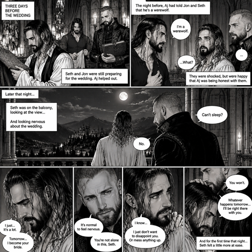 (Recap) Seth Rollins (The vampire hunter turned Bride of the Vampire king) was almost kidnapped by A mysterious figure (AJ Styles),Jon Moxley (Vampire King) Saved Seth,The man took off the hood and revealed he’s Seth’s brother,Seth was stunned. “What?” Seth asked,”I’m your brother” said Aj,Seth shook his head a little,”I don’t believe you” Said Seth,”I know this is a lot to process,but it’s true” said Aj,Jon gently pulled Seth to his side,”How do we know you’re telling the truth?” Jon asked cautiously,Aj shows his birthmark,It’s the shape of a crescent moon…just like Seth’s. Seth was stunned,All this time he thought he was the only one with that birthmark’”A-Are you really my brother?” Seth asked,”Yes Seth…I am” said Aj,”I have been searching for you…all these years” Aj paused,Tears welling up in his eyes,”And I finally found you” Aj continued,Seth didn’t know what to say,Neither did Jon,”I’ve never forgotten about you,little brother” Said Aj,Something flashed in Seth’s mind,it was a memory of himself and Aj when they were little,Aj (as a kid) had promised Seth he would never forget him,The flashback ends,Tears welled up in Seth’s eyes,Seth and Aj hugged each other,Jon just watched. (And now part 8). 3 days before the wedding,Seth and Jon were still preparing. Aj helped out. The night before Aj had told Jon and Seth that he’s a werewolf. Seth and Jon were shocked but were happy that Aj was being honest with them. Seth was on the balcony Looking at the view and Looking nervous about the wedding. Jon appeared behind him checking in on him. “Can’t sleep?” Jon asked. “No” Said Seth