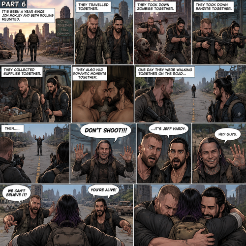 (Part 6). Still in the zombie apocalypse. “it’s been a year since Jon Moxley and Seth Rollins reunited. They travelled together,They took down zombies together,They took down bandits together,They collected supplies together,They also had romantic moments together. One day they were walking together on the road…Then…..they see a person approaching them from the distance. They raise their weapons at the person just to make sure that the person wasn’t a threat. The person raised his hands and shouted “DON’T SHOOT!!!”. They recognized that voice…It was Jeff Hardy. They were shocked. Jeff waved at them and said “Hey guys”. Jon and Seth lowered their weapons and ran towards him. They hugged him. “We can’t believe it!” Said Jon. “You’re alive!” Said Seth