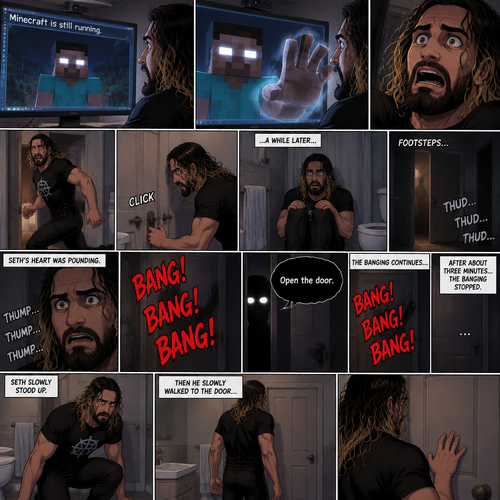 (part 2) Minecraft is still running. Herobrine still stared at Seth Rollins through the webcam. Seth was still paralyzed from fear. Herobrine put his hand on the screen…it went through. Seth ran out of the room in fear and locked himself in the bathroom. For a while nothing happened…then there were footsteps outside the door. Seth’s heart was pounding. Then…..something banged on the door. Seth scrambled away from the door in fear. Then a voice spoke from the door “Open the door”. Seth was too scared to move. The banging on the door continued. After about three minutes,The banging stopped. Seth slowly stood up,Then he slowly walked to the door