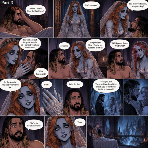 (Part 3 of the corpse bride,Seth x Becky style). Still in the strange bedroom,Seth Rollins was still confused as to how he got there after he woke up. Then the undead woman in a wedding dress (Becky Lynch) walks in. “You’re awake!” Said the undead Bride. She walked towards the bed. “You must’ve fainted,Are you okay?” The undead Bride asked. She gently placed her hand on his cheek. “What happened?” Seth asked. “You’ve been out for quite a while,So I carried you here in my arms” Said the undead bride. Seth slowly sat up. “..Thanks” Said Seth “No problem Dear,You’re my husband after all” Said the undead bride. “Well I guess that-Wait what?” Said Seth. “In the woods,You said your vows,So…” said the Undead bride. Then she showed him the wedding ring on her finger. “I did?” Asked Seth. Then he remembered he did. “I did do that” Said Seth. “Yeah you did,Then we kissed and then I took you to my house in the underworld” said the Undead bride. His eyes widened. “We’re in the underworld?” Seth asked. “Yeah” said the undead bride