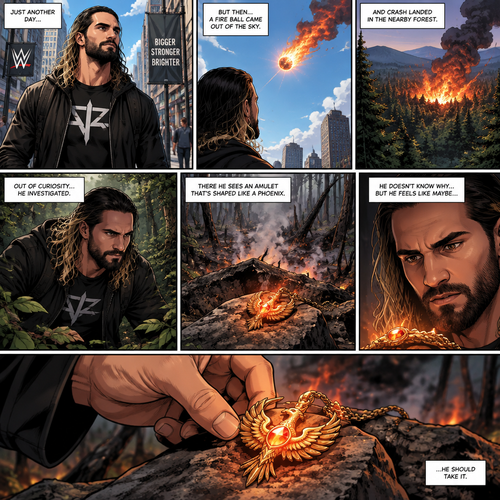 Seth Rollins was walking down the street,Then suddenly a fire ball came out of the sky and crash landed in the nearby forest.Out of curiosity he investigated,There he sees an amulet that’s shaped like a phoenix.He doesn’t know why…But he feels like maybe…he should take it