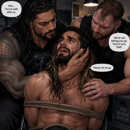 Roman Reigns and Jon Moxley are obsessed with Seth Rollins so they kidnapped him. Tears streamed down Seth’s face. Roman and Jon tried to soothe Seth. “Please..let me go” Seth pleaded