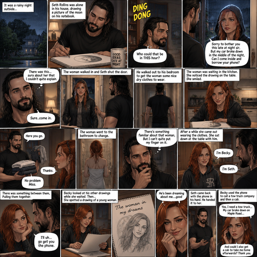 It was a rainy night outside,Seth Rollins was alone in his house,He drawing a picture of the moon on his notebook.Then the doorbell rang. “Who could that be in THIS hour?” Seth  asked himself. He got up and opened the door,A young Irish woman (Becky Lynch) was standing outside on his porch soaking wet from the rain wearing a hood. “Sorry to bother you this late at night sir,But my car broke down in the middle of the night,Can I come inside and borrow your phone?” Asked the woman.Seth looked at the woman,There was this…aura about her that he couldn’t quite explain.He decided to let her in. “Sure..come in” said Seth.The woman walked in and Seth shut the door.He walked out to his bedroom to get the woman some nice dry clothes to wear,The woman was waiting in the kitchen,She noticed the drawing on the table.She smiled.Seth came back and handed her the clothes. “Thanks” said the Woman. “No problem Miss” Said Seth.The woman went to the bathroom to change. “There’s something familiar about that woman,But I can’t quite put my finger on it” Seth said to himself.After a while she came out wearing the clothes.She sat down at the table with him.”I’m Becky” Said Becky. “I’m Seth” Said Seth.There was something between them,Pulling them together.”I’ll uh…go get you the phone” Seth said nervously .He gets up to get the phone from the living room.Becky looked at his other drawings while she waited,Then…She spotted a drawing of a young woman.The drawing was called “The woman in my dreams”.That woman….was Becky herself.She simply smiled to herself. “He’s been dreaming about me….good” Becky said to herself.Seth came back with the phone in his hand,He handed it to her.Becky used the phone to call a tow truck company and then a cab