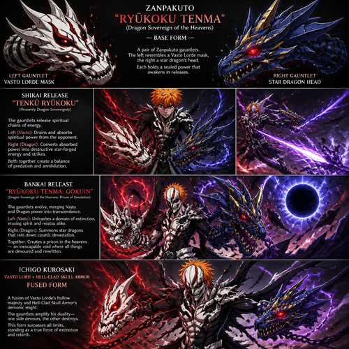 A zanpocto with Shikai and bankai releases.base form of zonpocto is gauntlets one the left looks like vasto lord mask the right looks like a star dragons head. Give me different pictures for each release and explain the ability's. Fuse Ichigo vasto lord form with Hell-Clad / Skull Armor form. Then put the gauntlets on ichigo.