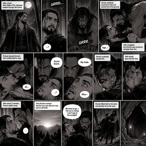 (Part 1 of the Werewolf x Vampire story). Seth Rollins (The Vampire) was out on a stroll after a hunt,Then…he heard a growl. He turned around, It was…Roman Reigns (The werewolf). Seth was about to fight,But Roman suddenly pounced on him and pinned him to the ground. Seth struggled But Roman was somehow stronger than him. Roman leaned forward,Then sniffed Seth’s neck. Seth gasped softly. “You’re Scent” Said Roman. Seth was confused. Roman looked at Seth’s eyes. “My mate” Said Roman. Seth’s eyes widened. “Wha-“ Seth was cut off when Roman suddenly kissed him. Seth slowly gave into the kiss. After about 3 minutes,Roman pulled away. They looked into each other’s eyes. Then Roman noticed that the sun was about to rise…and so did Seth. Seth panicked a little because vampires can’t stay in the sunlight. Roman lifted Seth in his arms and quickly ran to his cave
