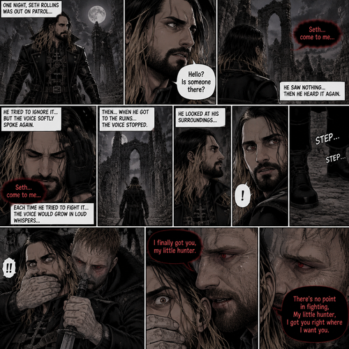 Seth Rollins is a vampire hunter,One night he was out on patrol…then….he heard someone…softly call out his name. “Hello?,Is someone there?” Seth called out. He saw nothing….then he heard it again,He tried to ignore it…but the voice softly spoke again “Seth…come to me”. He couldn’t ignore it anymore,he followed the voice. Each time he tried to fight it…the voice would grow in loud whispers,Then….when he got to the ruins…the voice stopped. He looked at his surroundings,Then…he heard footsteps behind him. Just as he grabbed his weapon…a hand grabbed his wrist from behind and another hand covered his mouth from behind. The voice whispered in his ear “I finally got you,my little hunter”. He knew that voice from anywhere….It was Jon Moxley the king of the vampires. Seth tried to struggle…but it was no use. “There’s no point in fighting,My little hunter,I got you right where I want you” Jon whispered in Seth’s ear