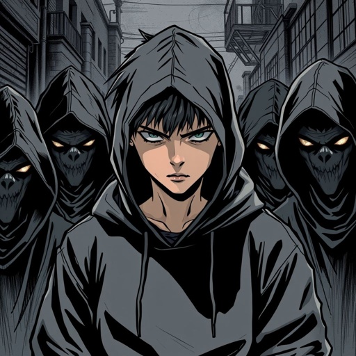 A teenage boy dressed in black hoodie frowning surrounded by scary looking guys in black hoodies