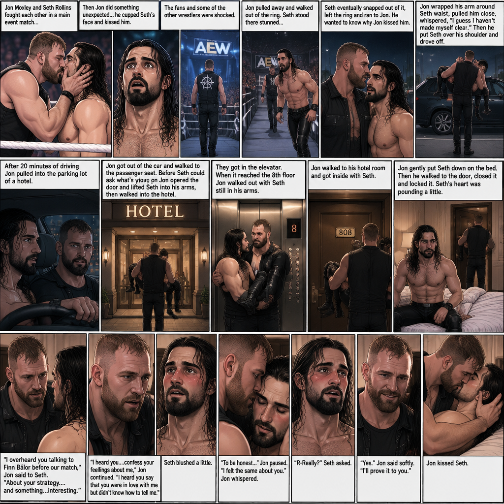 (Recap) Jon Moxley and Seth Rollins were fighting each other in a main event match against each other,Then Jon did something unexpected,He cupped his hands on Seth’s face,pulled him in and kissed him,the fans and some of the other wrestlers were shocked,Jon pulled away,Seth stood there stunned,Jon walked out of the ring and walked up the ramp,Seth eventually snapped out of it,he left the ring and ran to Jon,he wanted to know why Jon kissed him,Jon stopped walking and looked at Seth,He wrapped his arm around Seth’s waist and pulled him close,He whispered In Seth’s ear “I guess I haven’t made myself clear”,He put Seth over his shoulder and walked to the parking lot,He put Seth in the car and got in the driver seat and drove off. (And now part 2). After 20 minutes of driving Jon pulled into the parking lot of a hotel,He parked the car. He got out of the car and walked to the passenger seat. Before Seth could ask what’s going on Jon opened the door and lifted Seth in his arms,Then he walked into the hotel while holding Seth.He got in the elevator. When the elevator got to the 8th floor Jon walked out. He walked to his hotel room with Seth still in his arms,he got inside his hotel room. He gently put Seth down on the bed,Then he walked to the door and closed it and locked it. Seth’s heart was pounding a little. Jon slowly walked over to the bed. “I overheard you talking to Finn Bálor before our match” Jon said To Seth. “About your strategy….and something…interesting” Jon continued. “I heard you….confess your feelings about me” Jon continued. Seth blushed a little. “I heard you say that you were in love with me but didn’t know how to tell me” Said Jon. “To be honest…” Jon paused. He whispered in Seth’s ear. “I felt the same about you” Jon confessed. Seth blushed. “R-Really?” Seth asked. “Yes” Jon said Softly. Seth’s heart fluttered. “I’ll prove it to you” Jon said softly. Jon kissed Seth