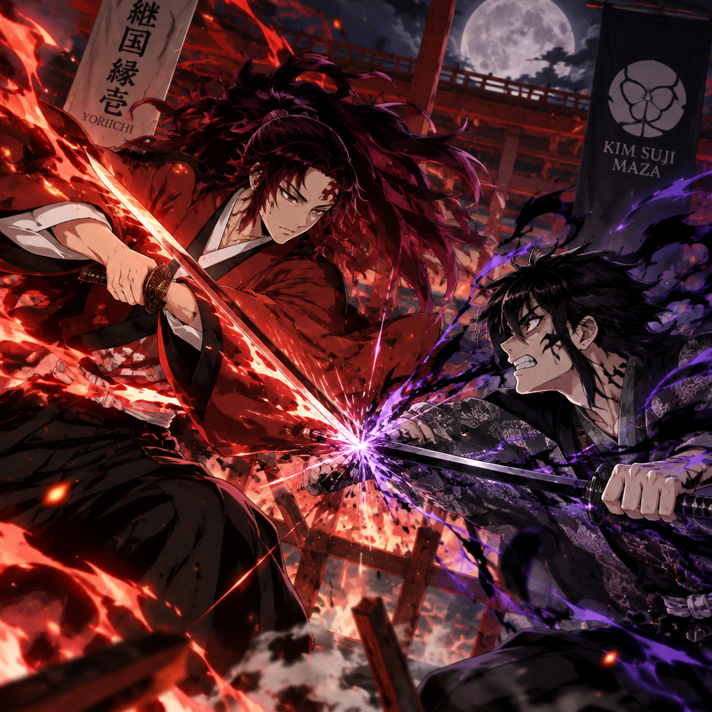 I want Demon slayer in Demon slayer yoriichi and Kim Suji Maza they both are fighting, generate like that
