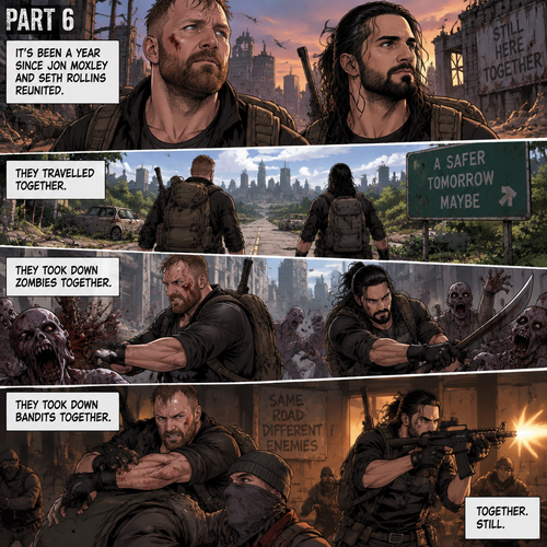 (Part 6). Still in the zombie apocalypse. “it’s been a year since Jon Moxley and Seth Rollins reunited. They travelled together,They took down zombies together,They took down bandits together 
