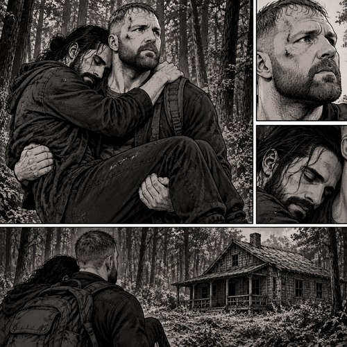 (Part 5). Still in the zombie apocalypse. Jon Moxley was walking in the woods while Holding Seth Rollins in his arms after their emotional reunion near the river. Seth was resting his head on Jon’s shoulder while holding on. Jon looked up ahead,He sees an abandoned cabin