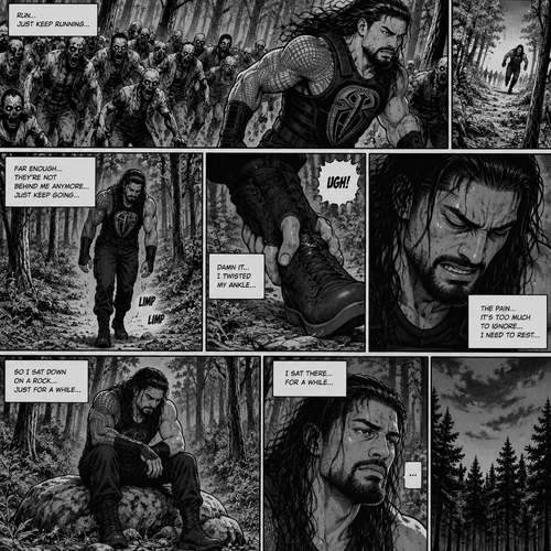 Roman Reigns is in a zombie apocalypse,He walking in the woods. He hurt his ankle while running away from a zombie horde. He’s far away from them and limping in the woods. The pain in his ankle was too much to ignore so he sat down on a rock,he sat there for a while 