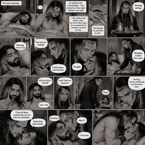(Recap) Jeff Hardy (The dark angel king) was comforting Seth Rollins in the men’s bathroom of a fancy restaurant after Seth had a panic attack after flashbacks about his childhood and his abusive father,Jeff gently pulled Seth into his embrace,He gently rubbed Seth’s back to try to soothe him while Seth was coughing and crying,After about a minute Seth slowly stopped crying and his body relaxed in Seth’s arms,Jeff was relieved,Jeff slowly picked Seth up in his arms,he walked out of the restaurant,spread his wings and took flight,Seth held on tight. (And now part 3). The next morning,Seth was asleep in Jeff’s royal bedroom,After awhile he  woke up. He slowly sat up,then he rubbed his eyes. He looked at his surroundings,Then memories of last night flashed in his mind. He was a bit embarrassed that he cried in the bathroom…but on the other hand he was grateful that someone was there for him. The blanket on him feels so soft,Then the door opened,Jeff walked in with a trey of food in his hands. “Morning darling” said Jeff. “Morning” Seth said in a sleepy voice. Jeff put the trey of food on the nightstand,then he   Gently caressed Seth’s cheek. “How are you feeling?” Jeff asked softly. “A little sleepy…and safe here” Seth said. Jeff smiled softly. “I’m glad” said Jeff. He gently kissed Seth’s forehead,Then he carefully picked up the trey of food and carefully placed it on Seth’s lap. “Breakfast in bed?,how sweet” Said Seth. Seth started eating. After a while Seth finished eating. “Did you enjoy it darling?” Jeff asked softly. “Yeah,I did” Said Seth. “Good,Glad you enjoyed it” Said Jeff. Jeff took the empty trey off Seth’s lap,Then he turned around and looked at Seth….with a seductive look on his face. “What?” Asked Seth. Jeff slowly walked over to the bed in a seductive manner. “Nothing,I’m just wondering how those lips taste” Jeff said in a seductive voice. Seth blushed. “Wh-What?” Seth asked nervously. Jeff was now on top of Seth. “I’ll bet all those strawberries you ate with your breakfast…” Jeff paused to trace his fingers on Seth’s lips,”Made them taste sweeter” Jeff continued. Seth was flustered. Jeff slowly leaned forward towards Seth. “May I?” Jeff asked softly. Seth’s heart fluttered. “Y-You may” Seth said softly. Jeff then softly kissed Seth