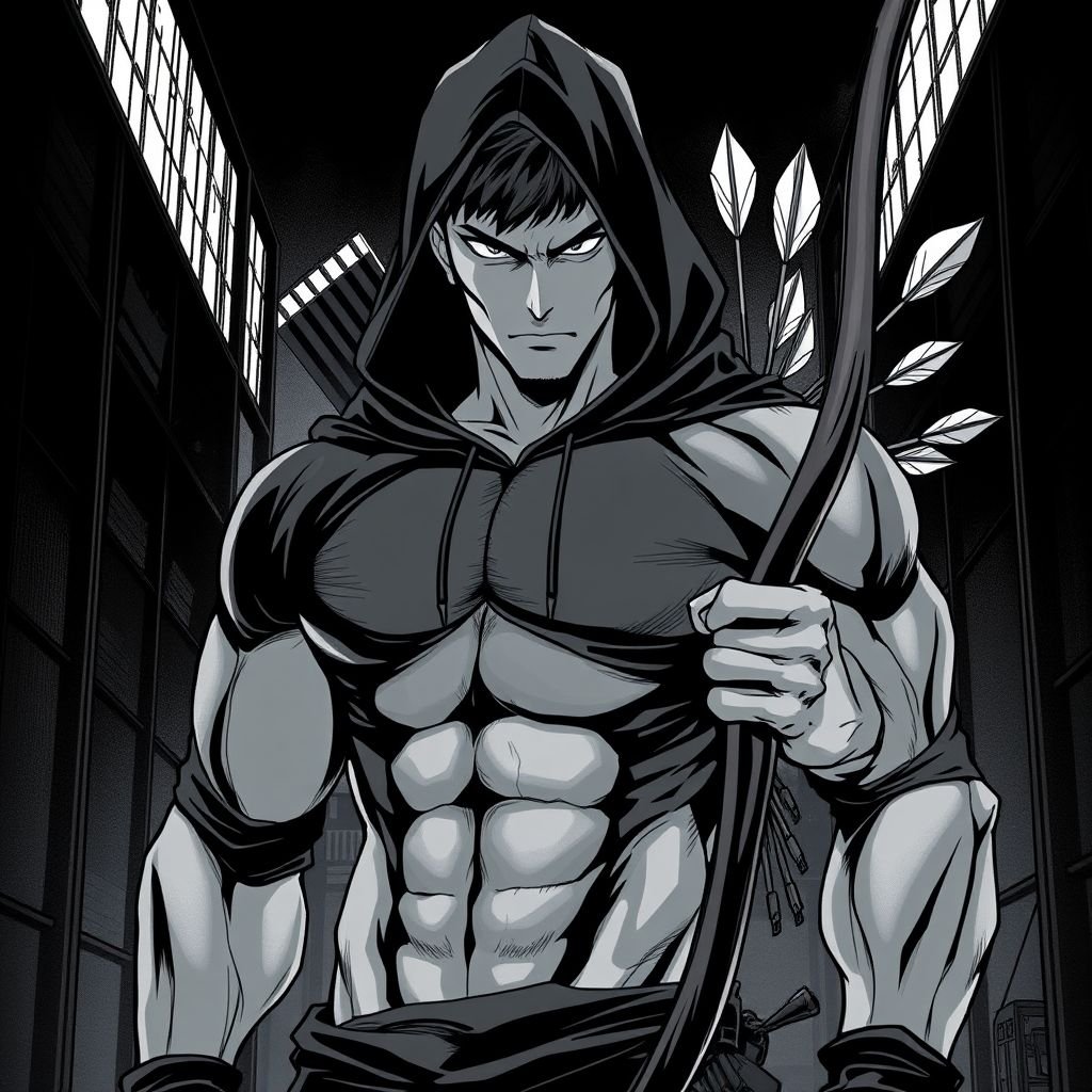 Buff man with a black hoodie and a bow in arrow