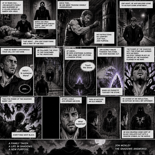 Jon Moxley as a vigilante born from tragedy. When he was 18 years old his family was murdered by a villain known as Baron Von Virus. Since then he had been training himself underground. One night he was walking home to his run down apartment…then he heard a mysterious voice call out his name. “Hello?…Is someone there?” Jon asked. It called out his name again. He followed the voice to the catacombs in the graveyard. Up ahead…He sees something glowing. It was some sort of stone…a shadow stone. Then the voice repeats “Touch the Stone”. Jon slowly walks towards the stone,His hand reaches out. When his fingertip touched the stone…the power of the shadows left the stone and surged into His body. His eyes turned black as visions of the shadows flashed in his mind. Then the power of the shadows burst out. Everything went black. After a while,Jon opened his eyes. “What happened?” Jon asked himself. Then he noticed an old mirror. He looked at his reflection…he noticed he was a bit different. He was wearing some sort of black vigilante suit with a shadow symbol in the middle