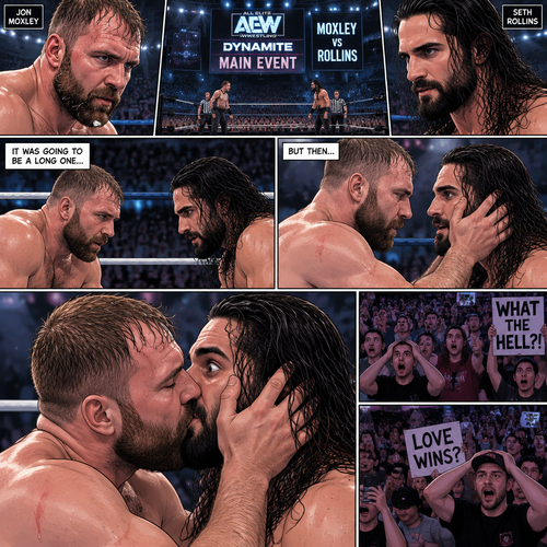 Jon Moxley and Seth Rollins are in a match against each other. It’s the main event. It seems like it was gonna go on for a while…but then….something unexpected happened. Jon…cupped his hands on Seth’s face…pulled him in….and kissed him. Seth’s eyes widened ,the fans went crazy with shock